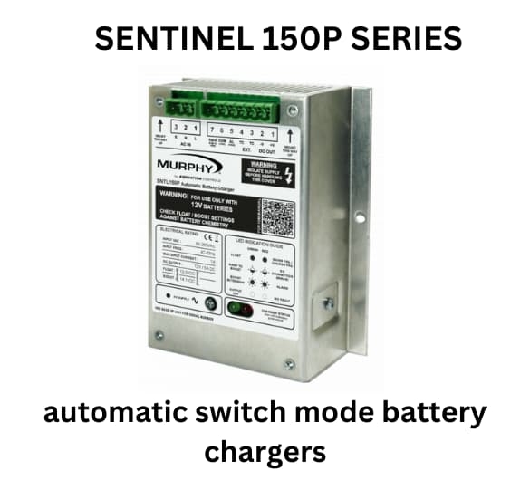 Sentinel 150P series automatic switch mode battery chargers displayed, highlighting their modern look and efficient charging capabilities